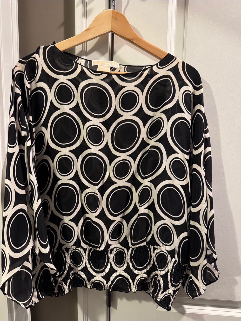 Michael Kors Black and White Circle-Print Womens Blouson Top